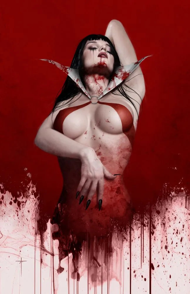 Vampirella #11 Jay Ferguson Virgin Variant comic book cover featuring Vampirella against a crimson background in photorealistic artwork by Jay Ferguson.