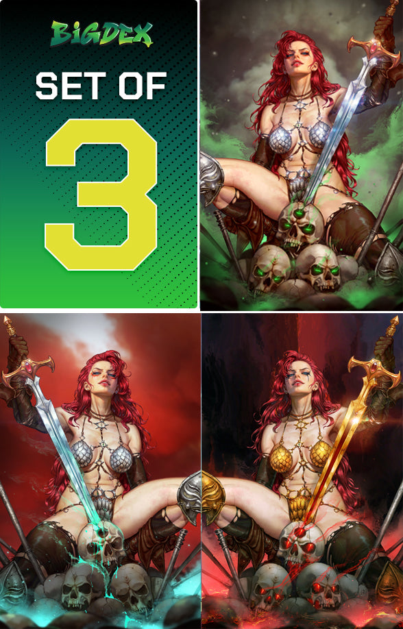Altered States: Warlord #1 Kyuyong Eom HeroesCon Exclusive Set including Crimson Sky Virgin Variant, Golden Sword Virgin Variant, and Emerald Virgin Variant covers.