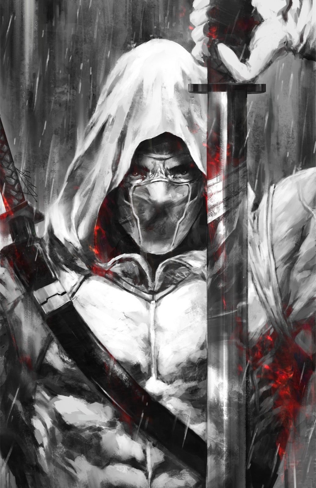 Artistic depiction of a hooded figure with a sword, featuring black, white, and red colors.