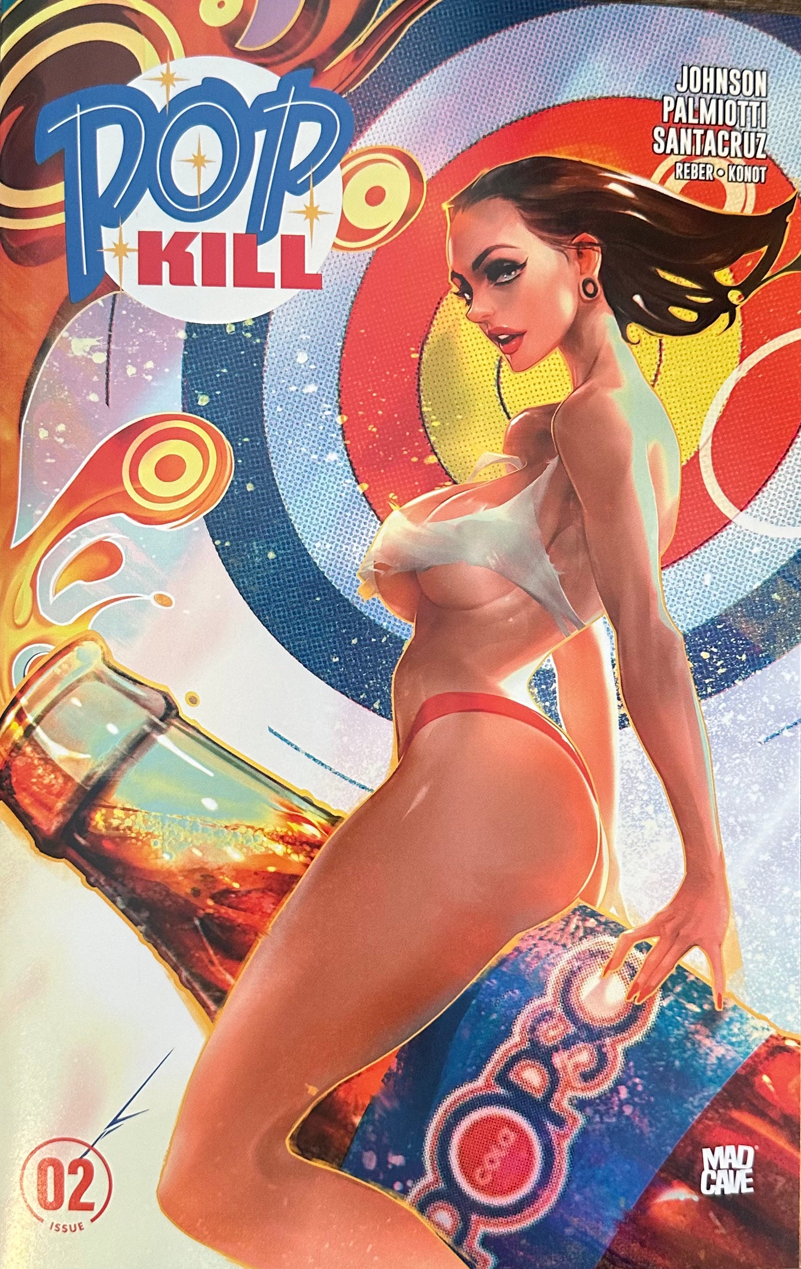 Comic book cover titled 'Pop Kill' with a woman in a bikini and colorful design elements.