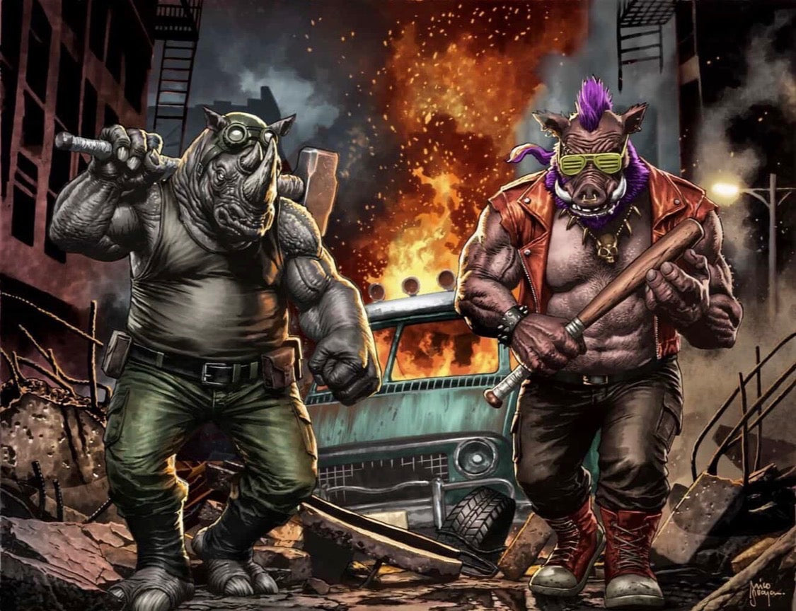 Teenage Mutant Ninja Turtles #19 Mico Suayan HeroesCon Exclusive Bebop and Rocksteady Foil Variant panoramic comic book cover.